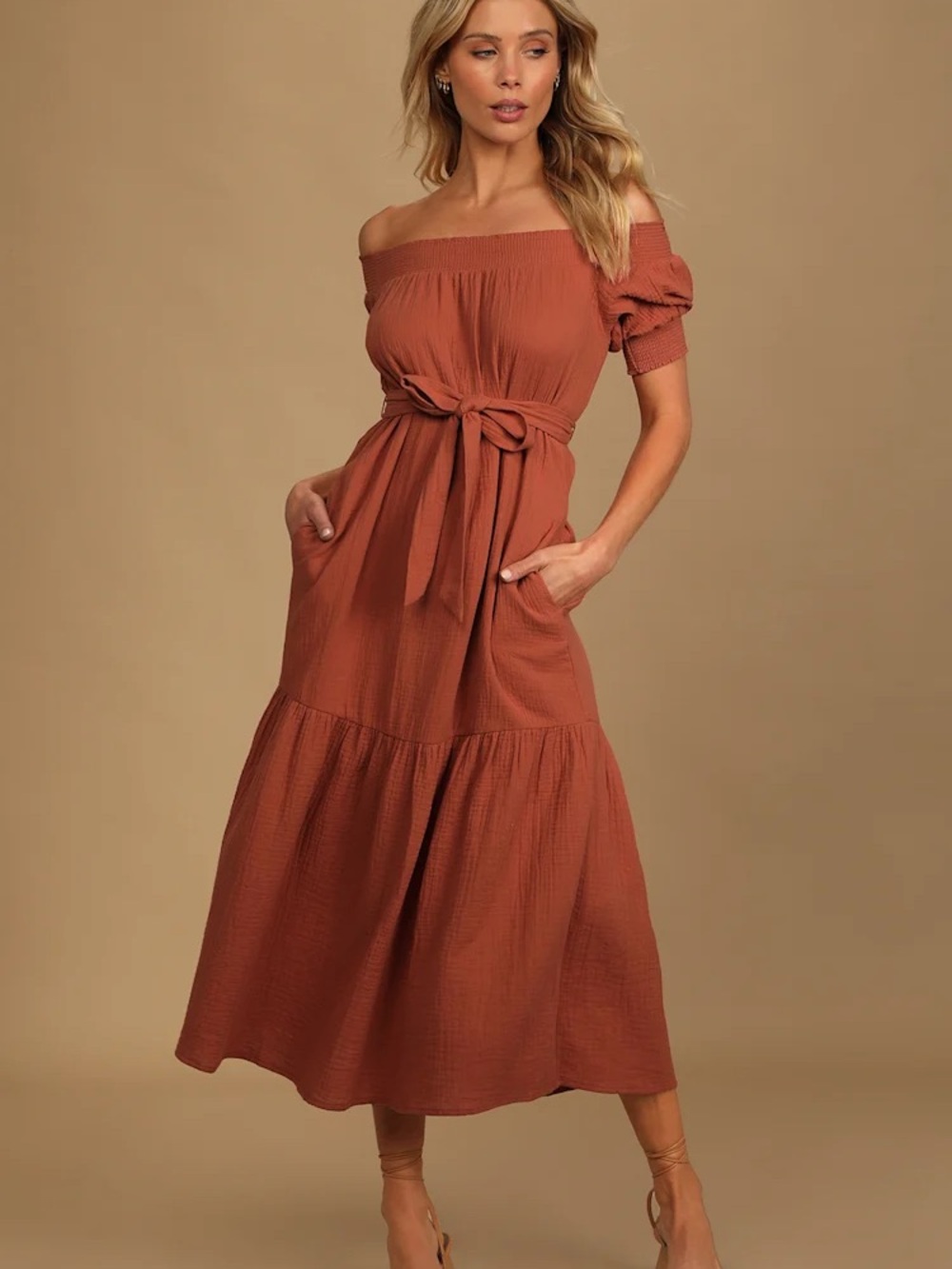 Lulu's Off-Shoulder Tie-Waist Midi Dress in Rust Size S